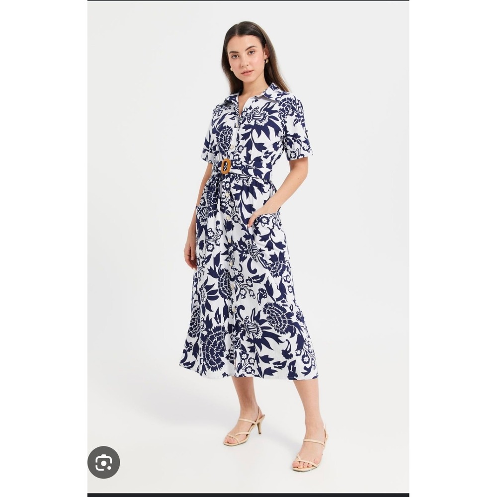 Joie Navy White Floral Shirt Dress Midi Belted Button Front Pockets Size L